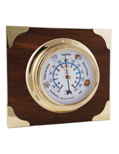 BRASS BAROMETER ON WOODEN AND BRASS BOARD